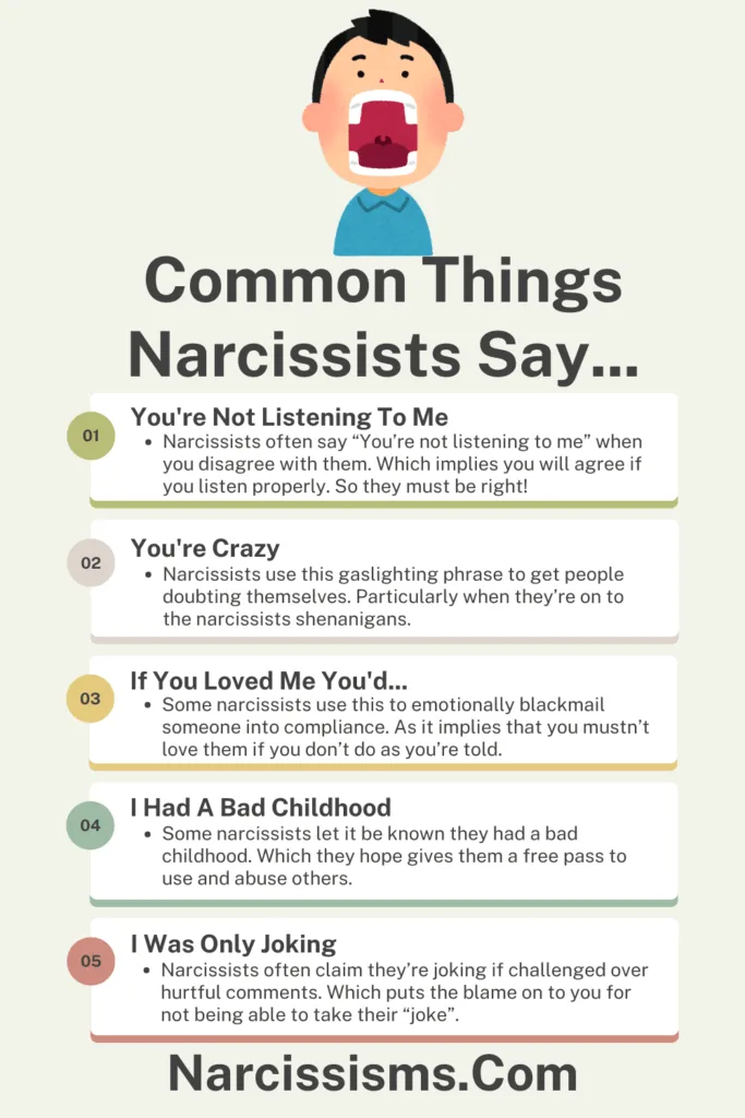 Narcissist infographic - "Common things narcissists say"