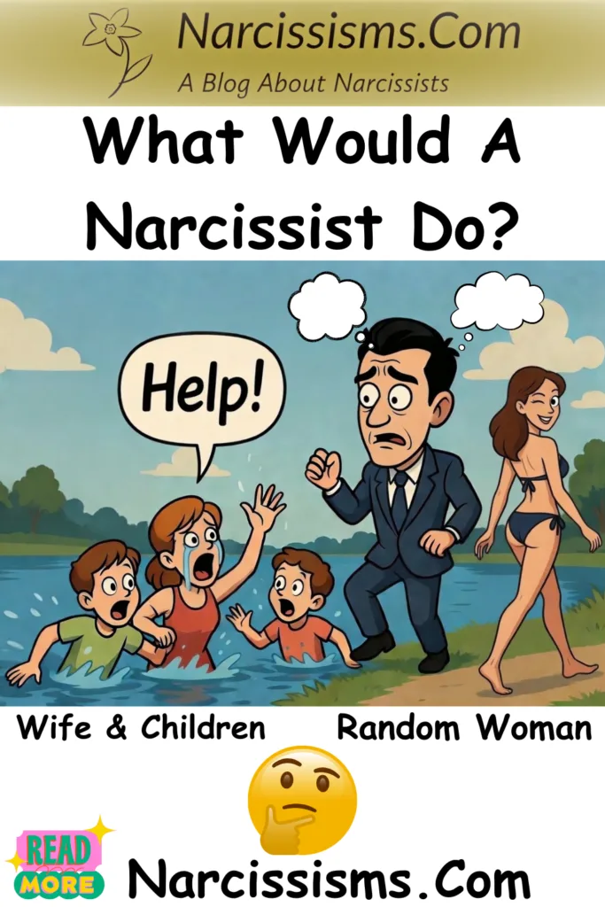 A scene where a narcissist is stood by water. His wife and kids are in the water asking for help. But there's a pretty woman walking by, winking at him. The caption reads "What would a narcissist do?"
